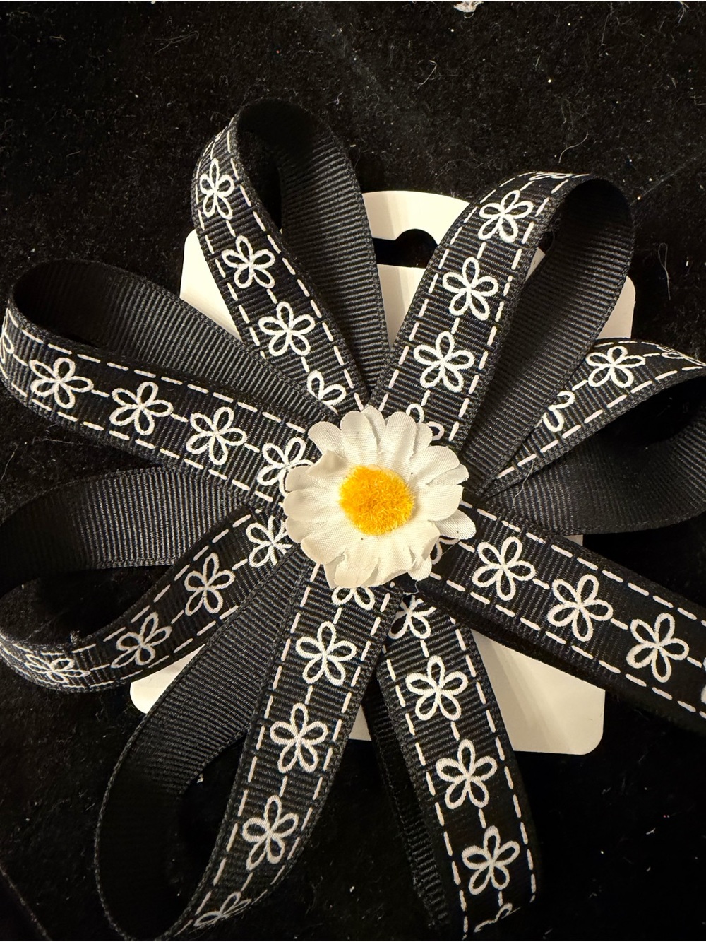 Black Daisy Ribbon Hair Bow with White Floral Stitching